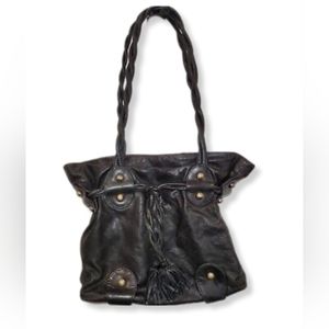 Michael Rome Genuine Leather Black Bag Braided Handles Gold Hardware
